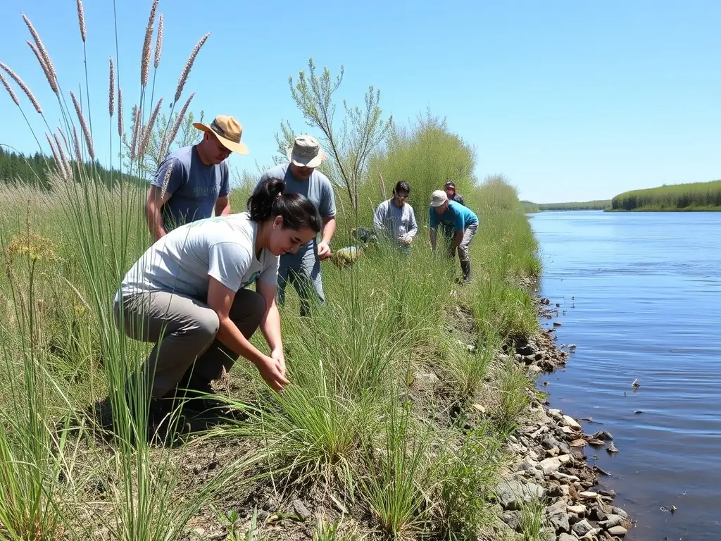 Volunteers working on a habitat restoration project, planting vegetation along a riverbank.