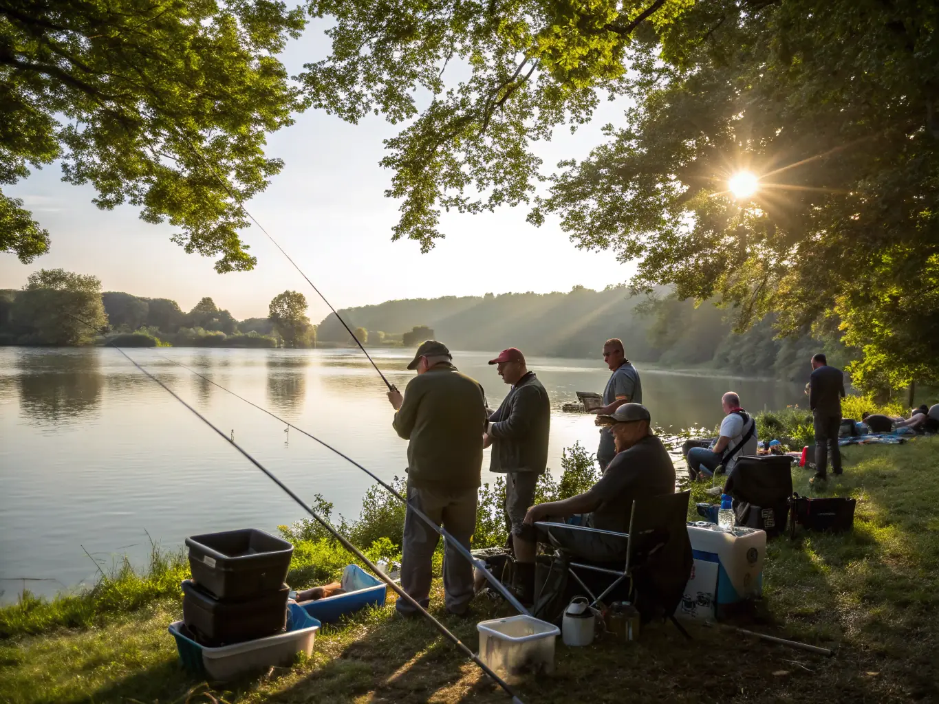 A dynamic image showcasing participants in a competitive predator fishing tournament, with anglers casting their lines from boats on a lake. The scene captures the excitement and competitive spirit of the event.