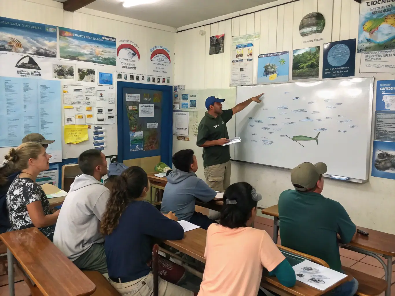 A classroom setting with instructors teaching fishing techniques and environmental awareness to a diverse group of participants.