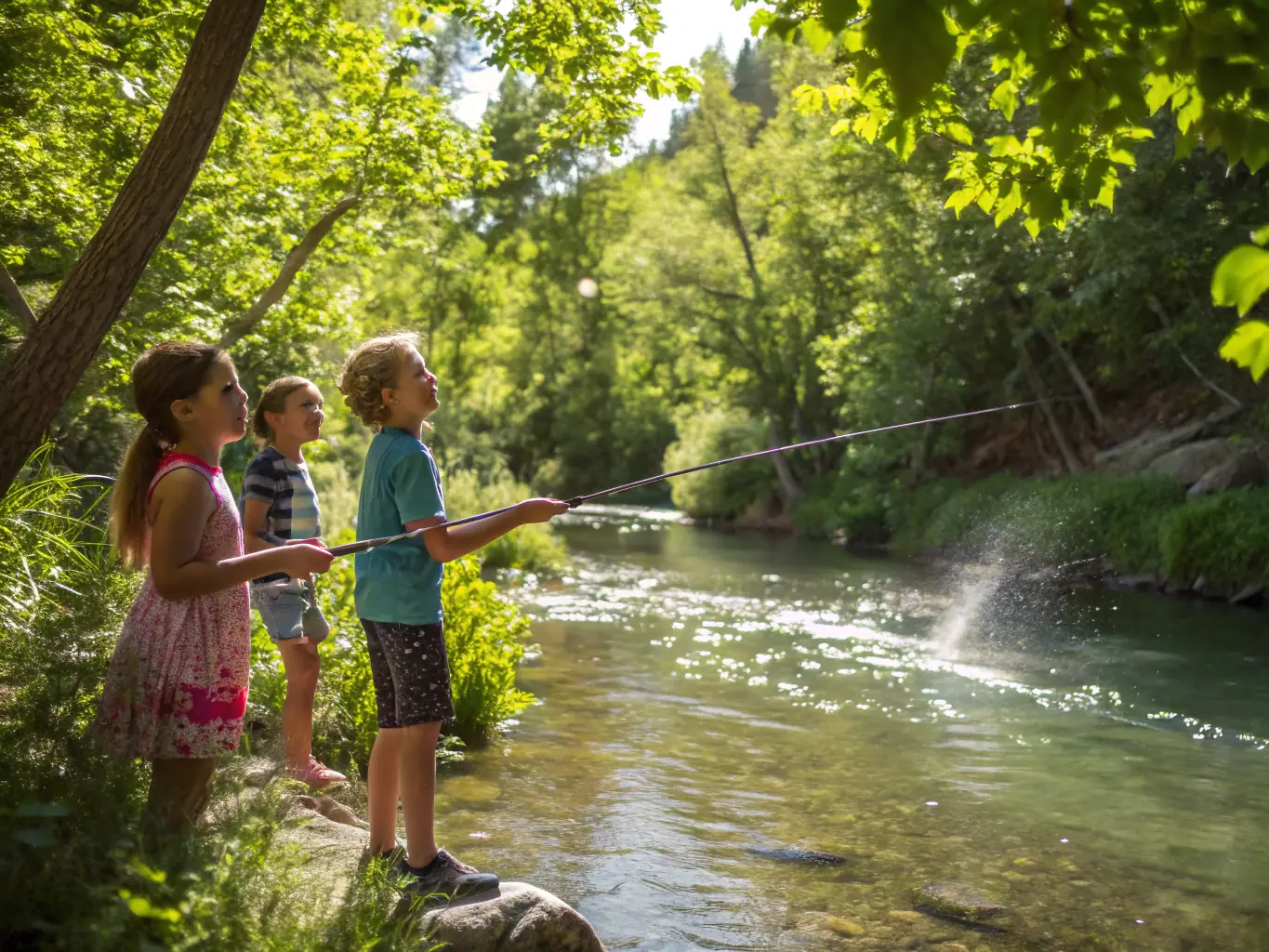 A vibrant image depicting a group of young anglers participating in a training session on lure fishing techniques, set against the backdrop of a scenic riverbank. The focus is on the hands-on learning experience and the camaraderie among participants.