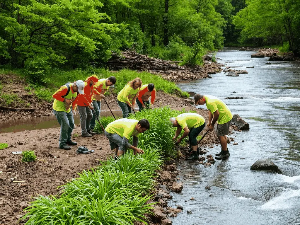A team of volunteers planting aquatic plants along a riverbank, demonstrating habitat restoration efforts.