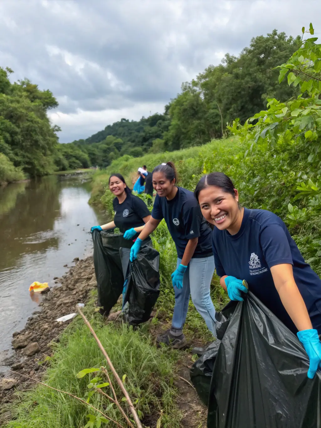 A serene image of volunteers participating in a river cleanup, removing debris and planting native vegetation, emphasizing the organization's commitment to environmental protection.