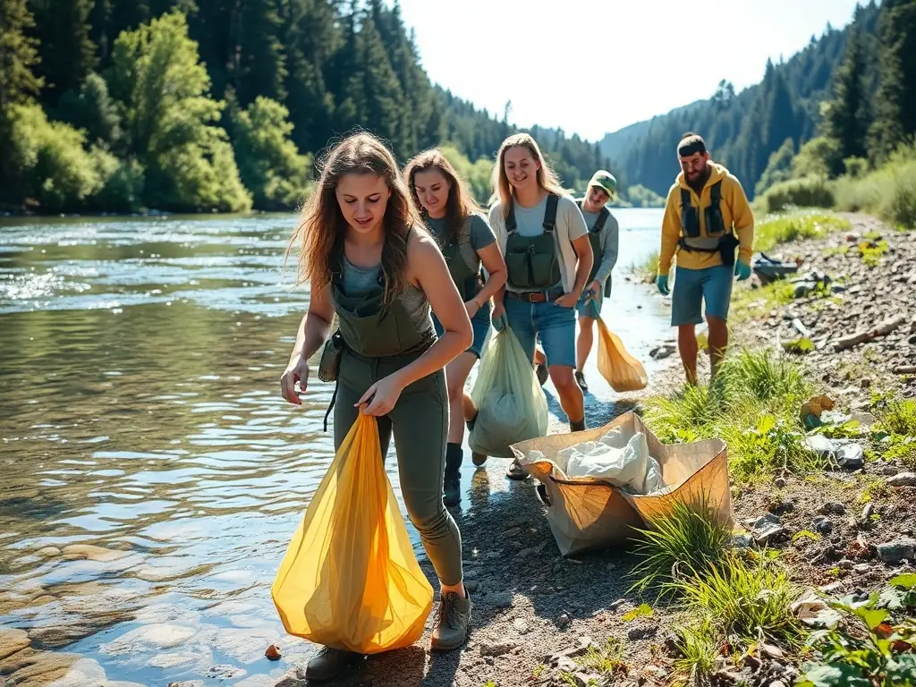 A serene image of volunteers participating in a river cleanup activity, collecting debris and restoring the natural habitat along the riverbank. The photo emphasizes the importance of environmental conservation and community involvement.