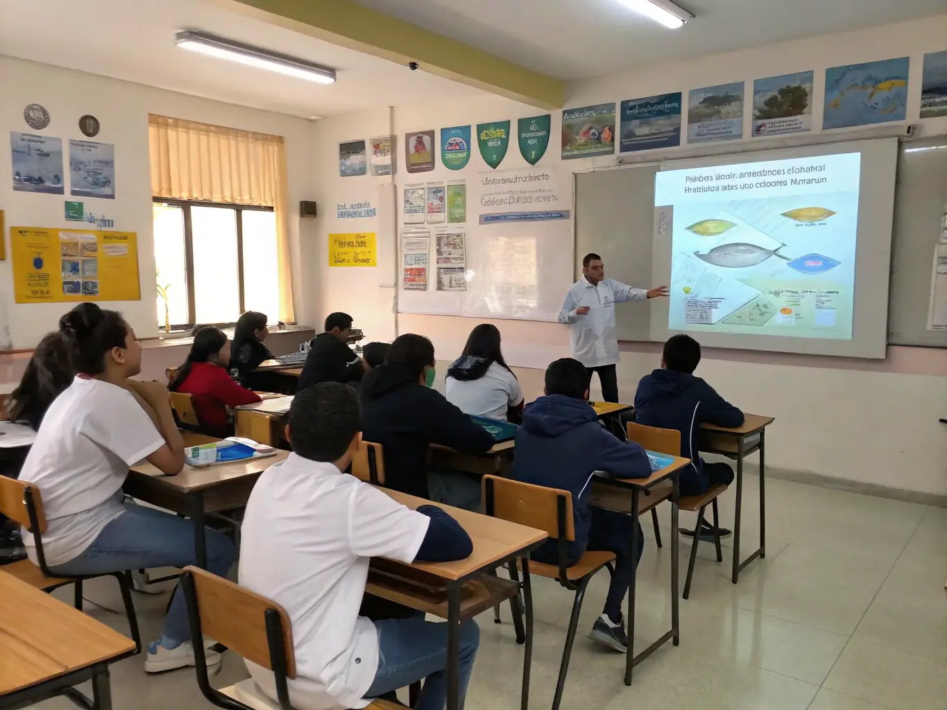 A classroom setting with instructors teaching youth and adults about fishing techniques and environmental conservation.