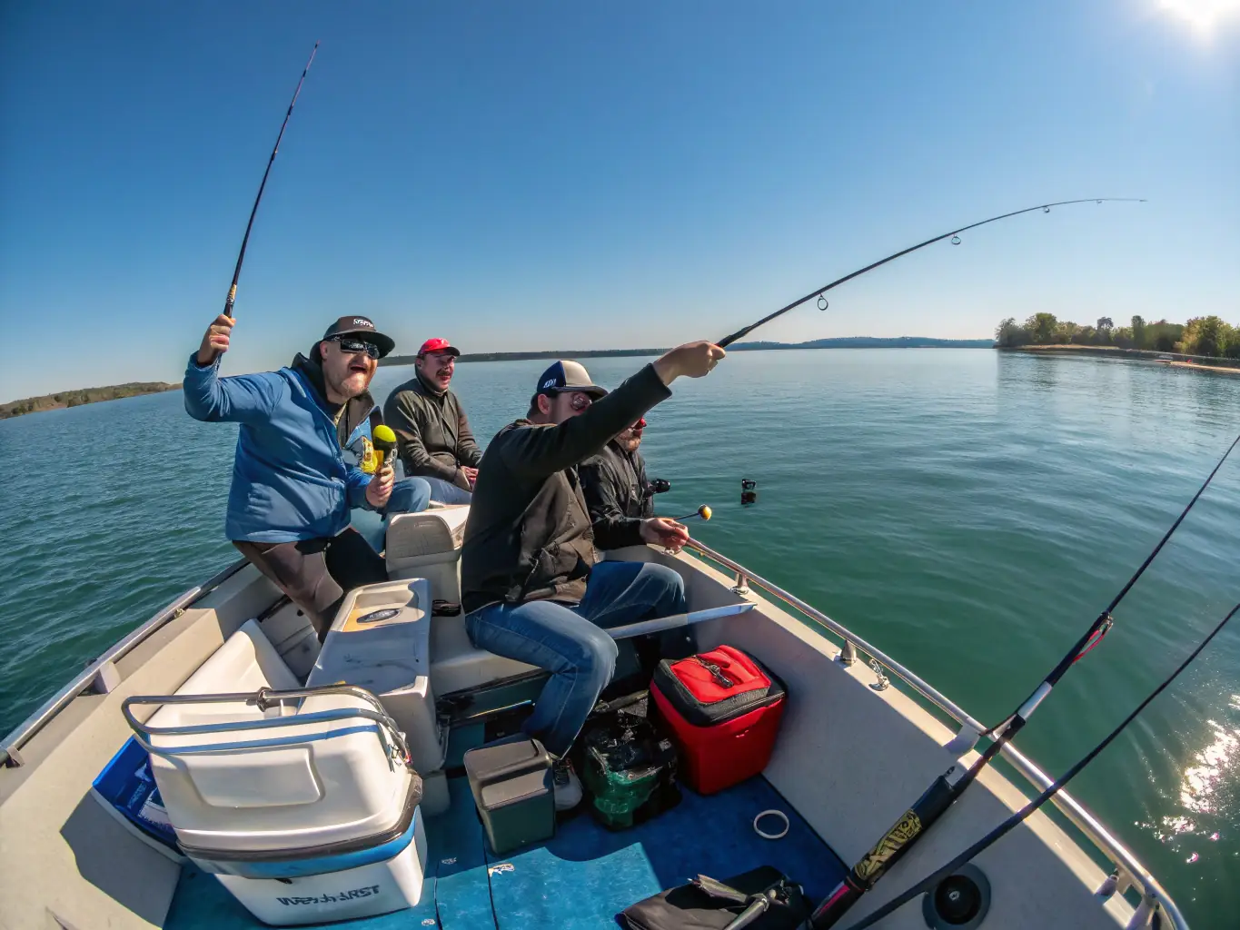 A group of anglers participating in a competitive fishing event, showcasing their skills and sportsmanship.
