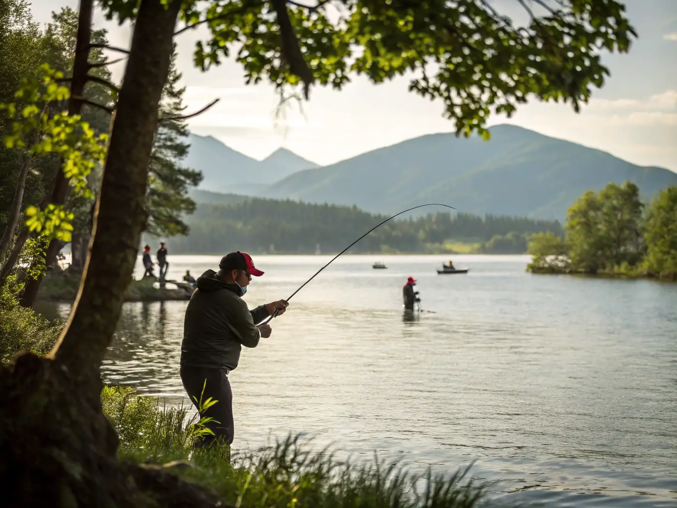 A dynamic image of anglers competing in a predator fishing tournament, showcasing their techniques with artificial lures in a scenic freshwater setting.