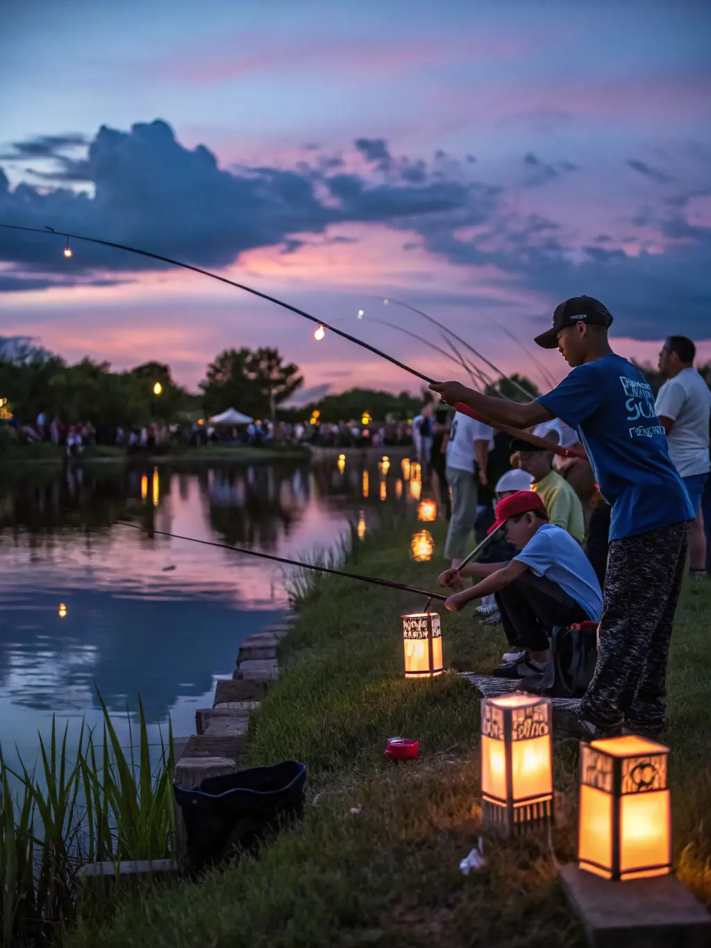 A dynamic image capturing the excitement of a predator fishing competition, showcasing anglers in action on the water, with a focus on sportsmanship and skill.