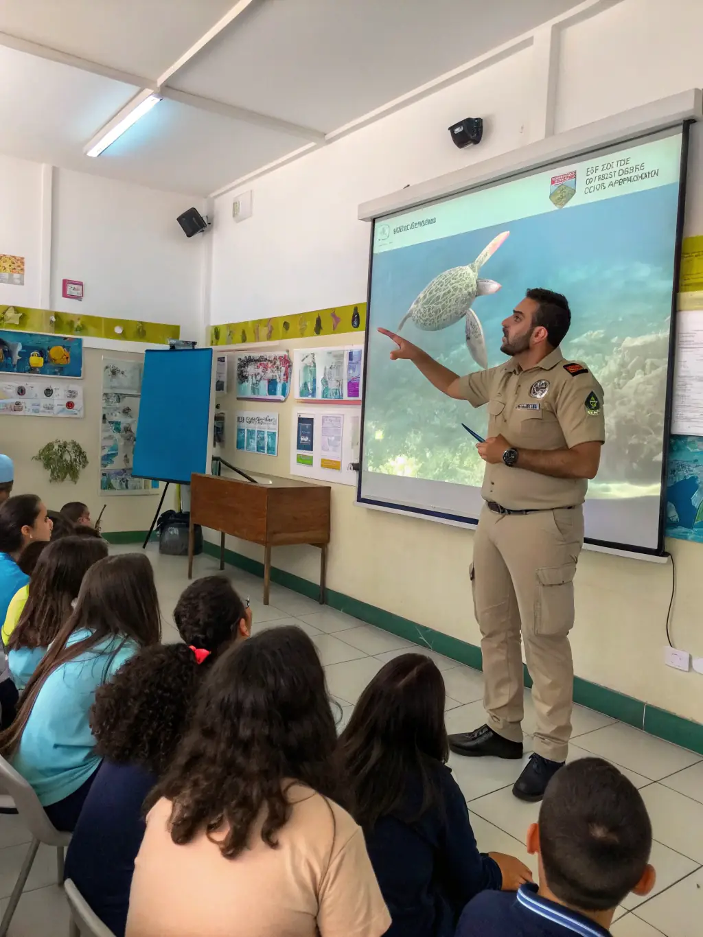 A group of adults learning about aquatic ecosystems and conservation in a classroom setting, highlighting the educational aspect of the organization's programs.